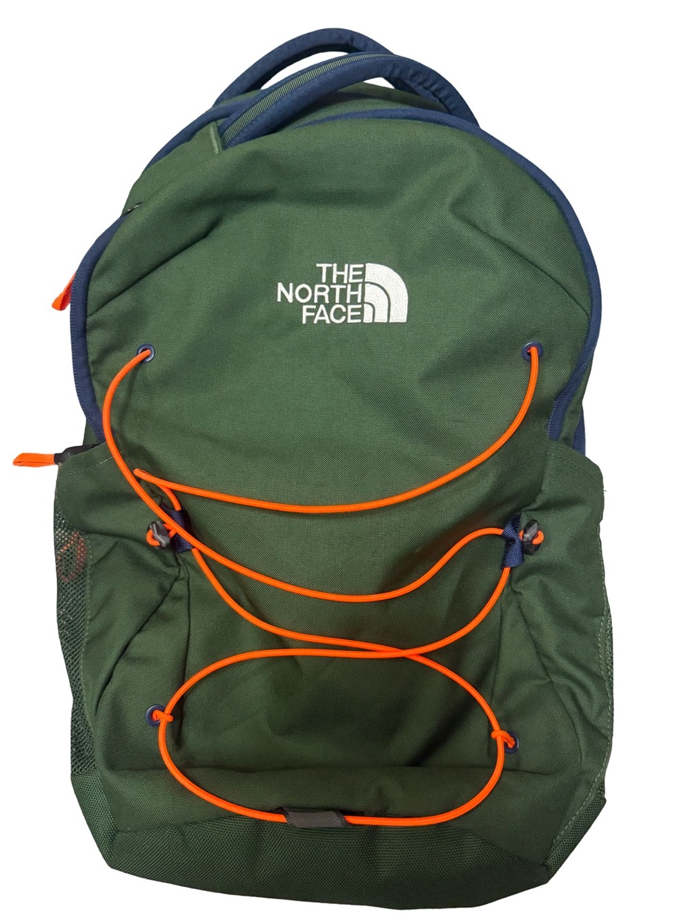 The North Face Jester Green Backpack with Orange Bungee and Navy Trim